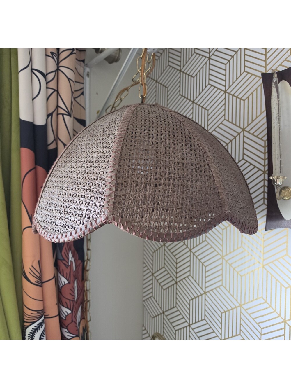 Vintage MidCentury Boho 70's Cane Wicker Rattan Pendant Lamp Hanging Shade Light
